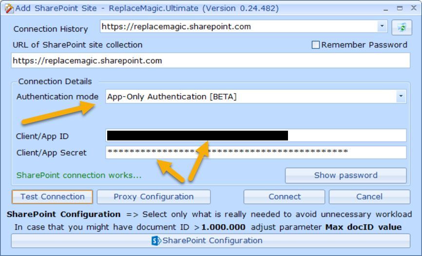 Modalità di autenticazione App-Only nel modulo di connessione di ReplaceMagic